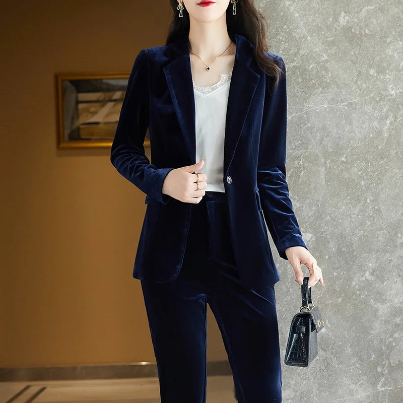 High Quality Fabric Velvet Formal Women Business Suits 
OL Styles Professional Pantsuits