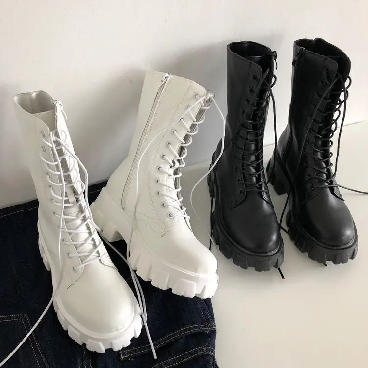 New Mid Calf Boots Women Autumn Winter Fashion Lace-up Zipper