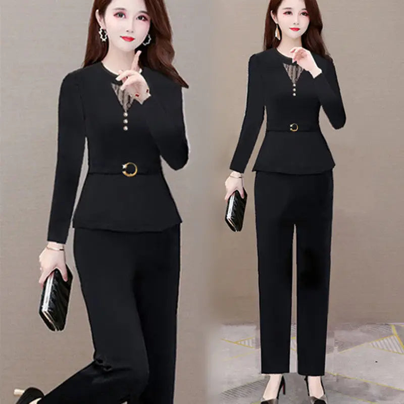 Women Pants 2-Piece Set, Spring & Summer Suit 
Lady Shirt Tops+ Wide leg Pants