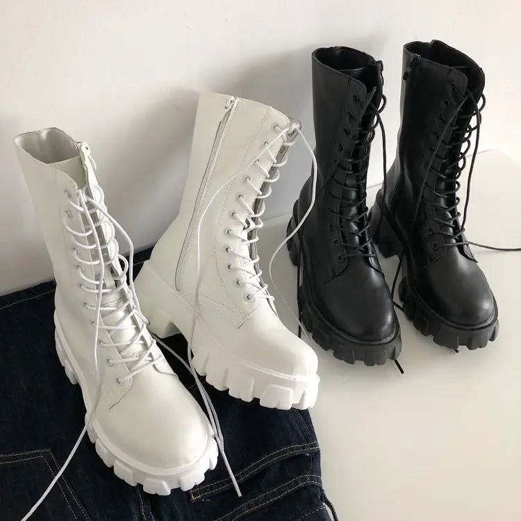 New Mid Calf Boots Women Autumn Winter Fashion Lace-up Zipper