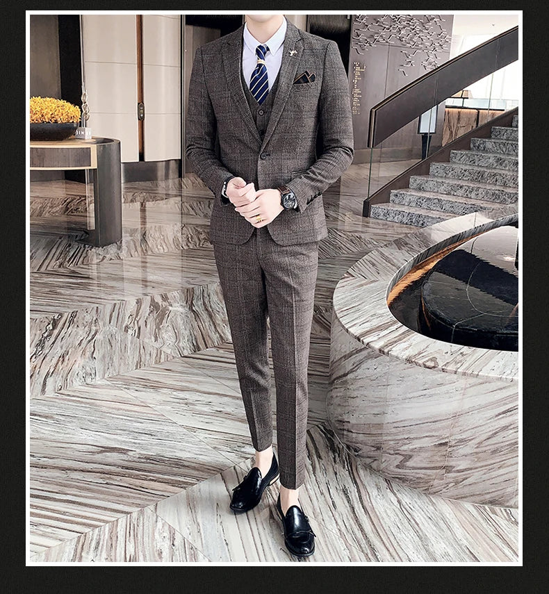 (Jacket+Vest+Pants) Lattice Formal Business Men Suit 3 Pcs Set 
Groom Wedding, Plaid Suit for Show Stage