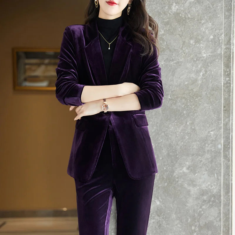 High Quality Fabric Velvet Formal Women Business Suits 
OL Styles Professional Pantsuits