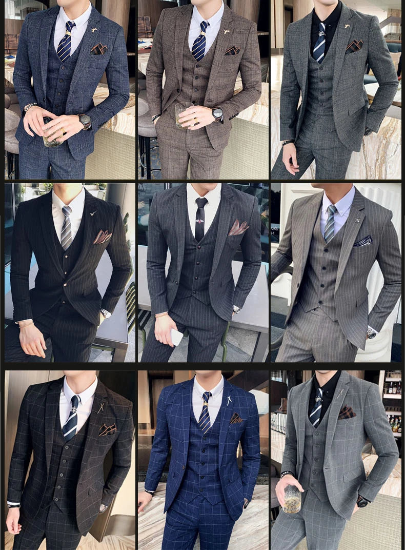 (Jacket+Vest+Pants) Lattice Formal Business Men Suit 3 Pcs Set 
Groom Wedding, Plaid Suit for Show Stage