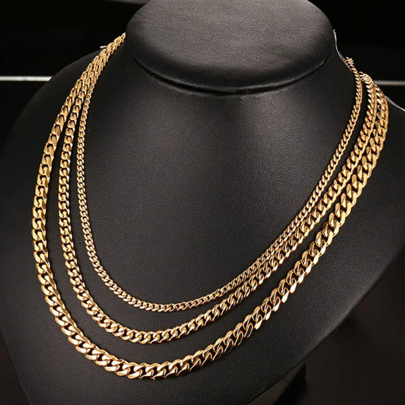 3MM, 5MM, 7MM Cuban Link Chain, Stainless Steel Necklace, Waterproof 18 K Gold Plated Men & Women Jewelry