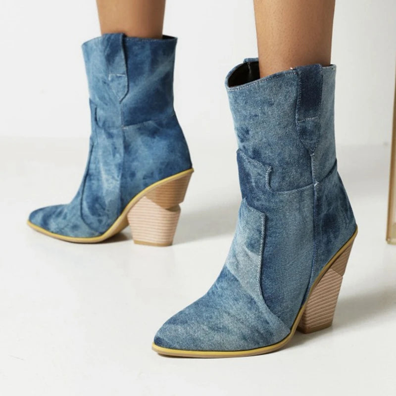 Denim Winter Warm Fur in Western style Ankle Boots for Women with Wedge Heel& Pointed Toe, Slip On