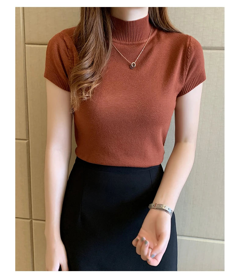 Solid Slim Turtleneck Blouses