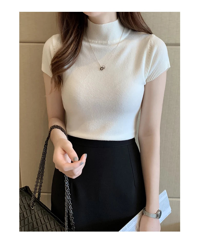 Solid Slim Turtleneck Blouses