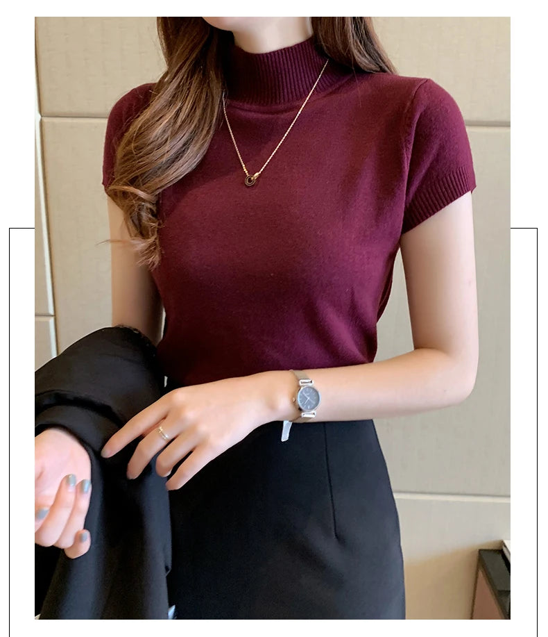 Solid Slim Turtleneck Blouses