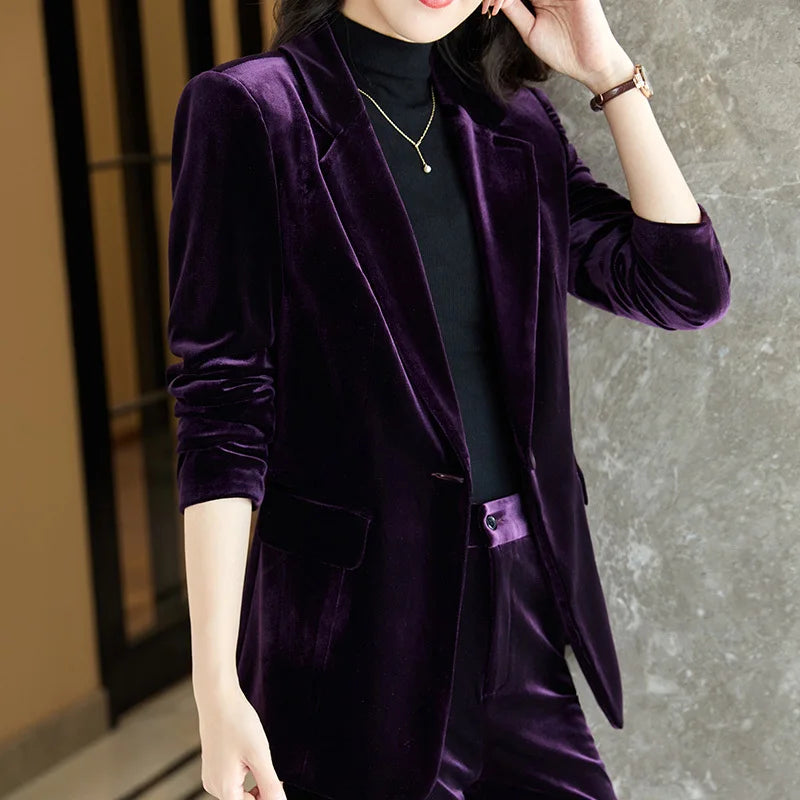 High Quality Fabric Velvet Formal Women Business Suits 
OL Styles Professional Pantsuits