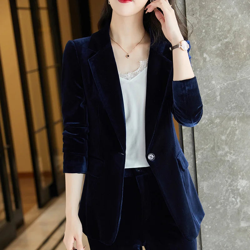 High Quality Fabric Velvet Formal Women Business Suits 
OL Styles Professional Pantsuits