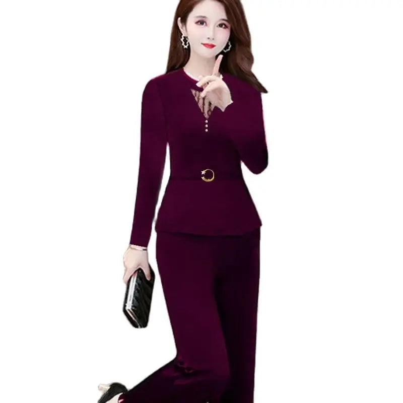 Women Pants 2-Piece Set, Spring & Summer Suit 
Lady Shirt Tops+ Wide leg Pants