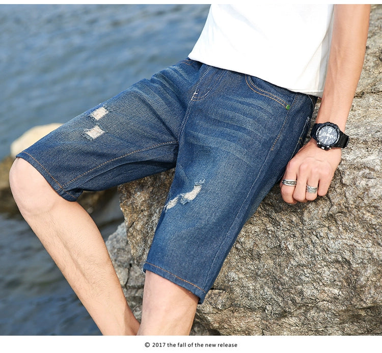 Summer Men Personalized Washable Perforated Denim Pants