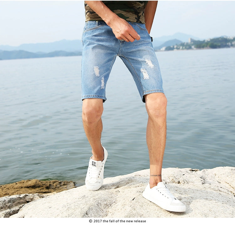 Summer Men Personalized Washable Perforated Denim Pants