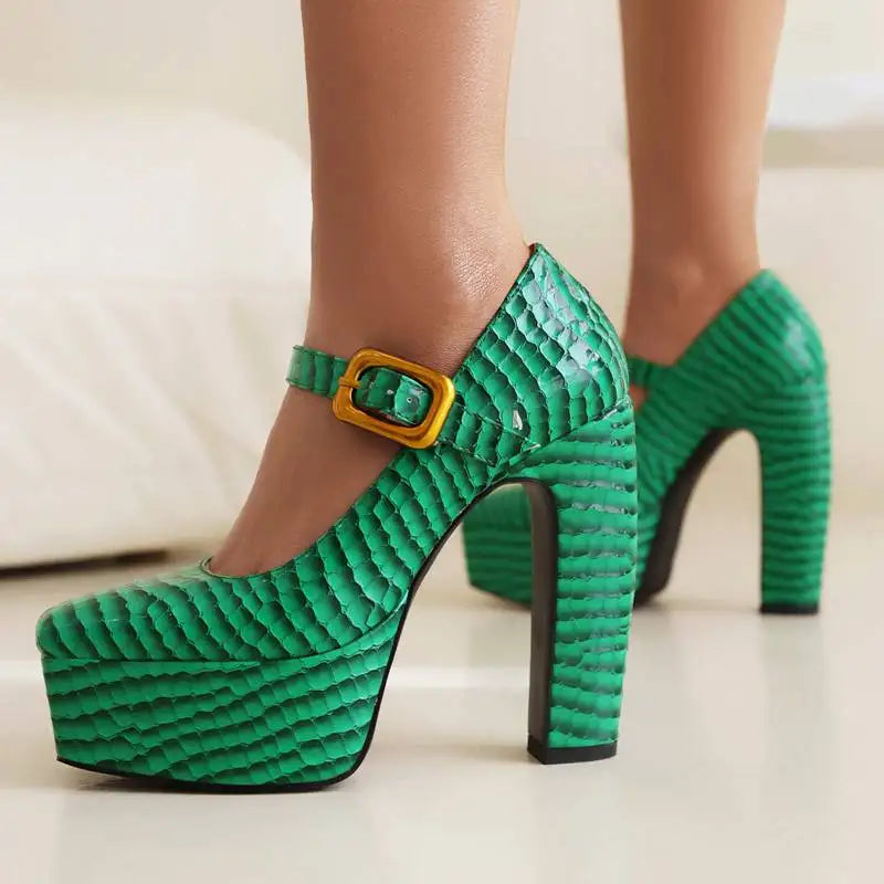 Female Pumps Square Toe Block Heel 13.5cm Platform 5cm