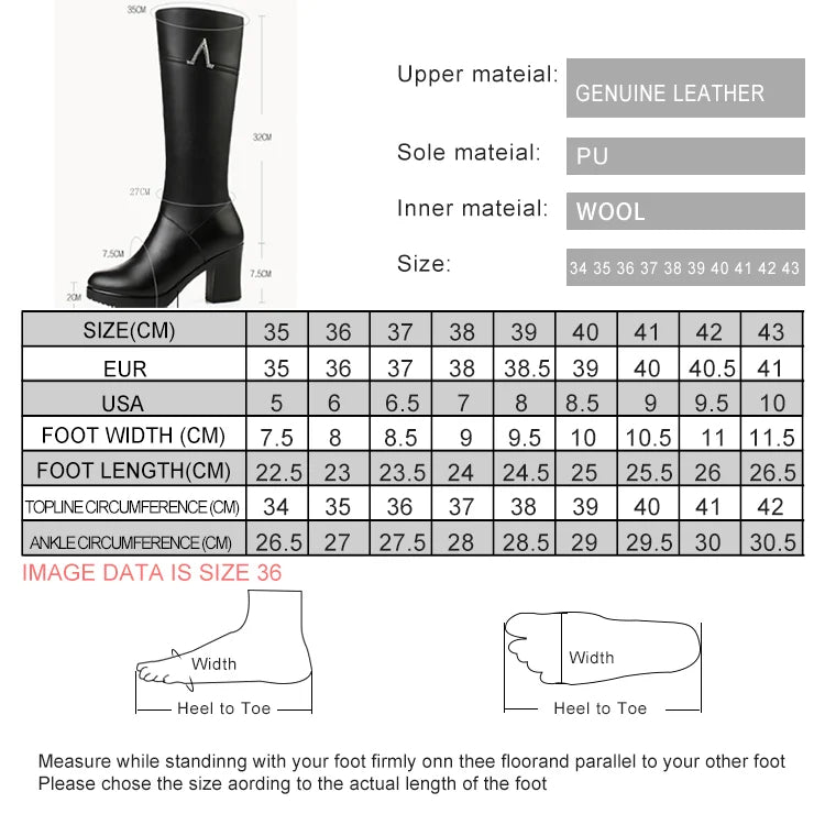 New Winter with Genuine Leather Boots for Women 
High Heeled Mid Calf Women Long Boots