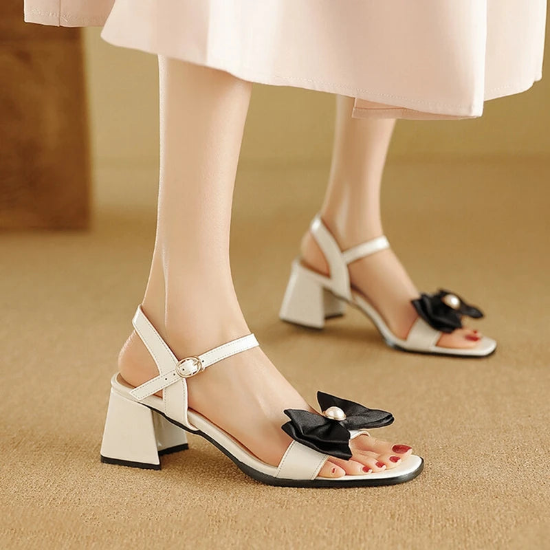 Peep Toe Round Women Sandals, Bow Pearl 5.5cm Thick Heel, Ankle Strap