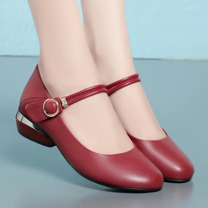 Women Shoes with Genuine Leather 
Ladies Mid-heel Shoes