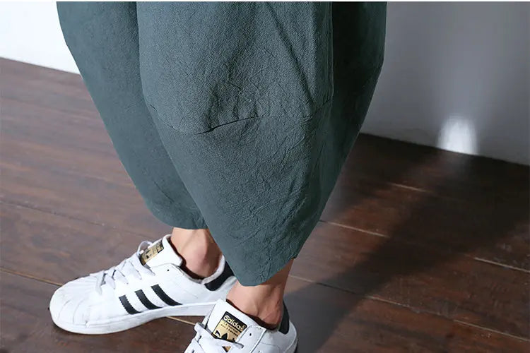 Summer Loose Calf Length Casual Pants for Men 
Wide Leg Cotton Linen Printing Baggy Pants