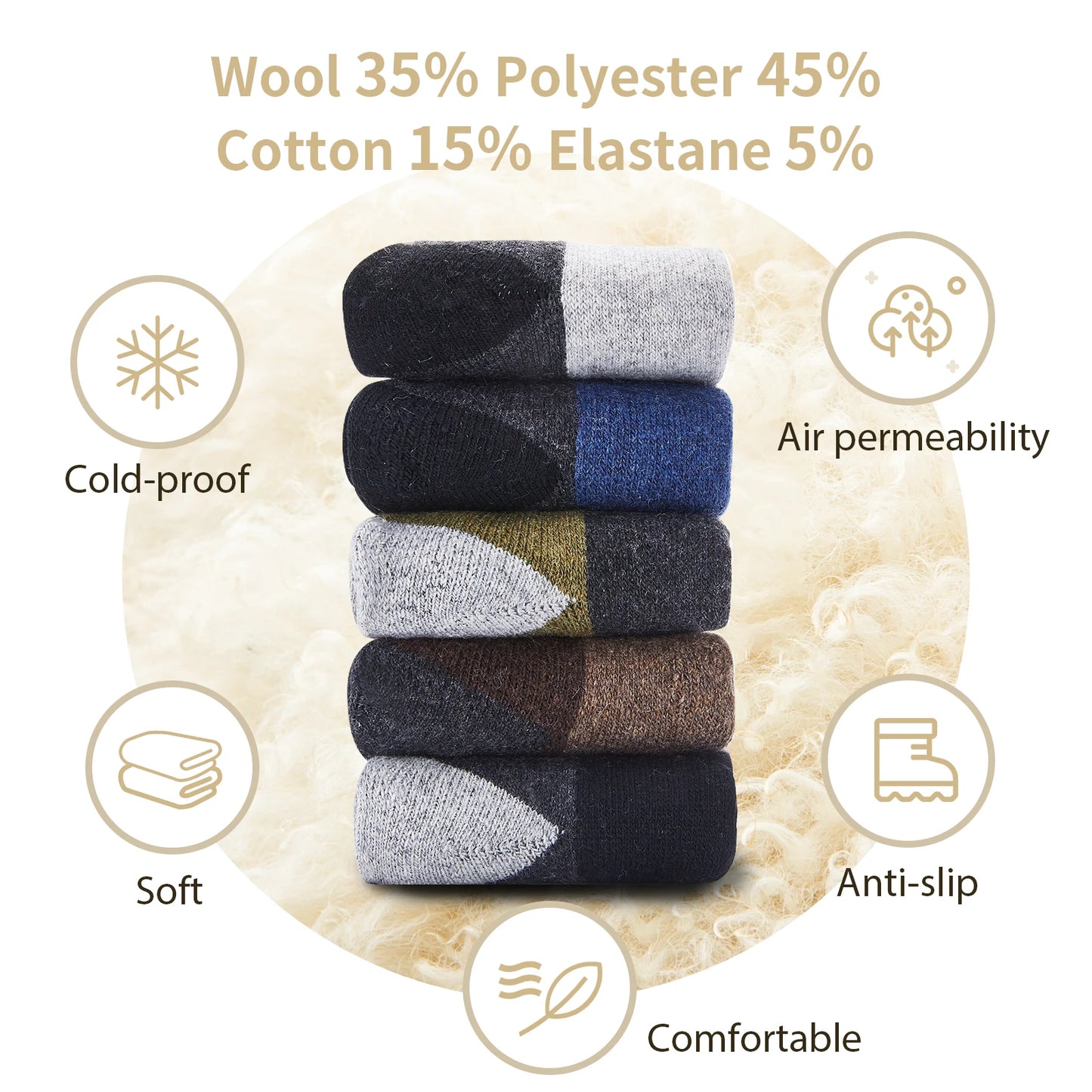 5 Pairs Wool Socks for Men 
Winter Thick Thermal Casual Wool Socks