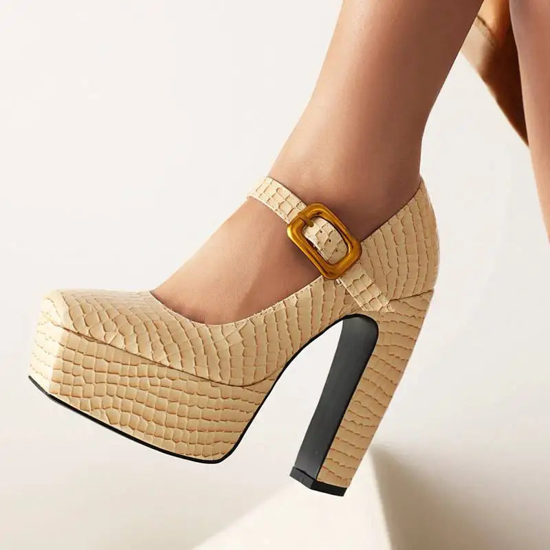 Female Pumps Square Toe Block Heel 13.5cm Platform 5cm