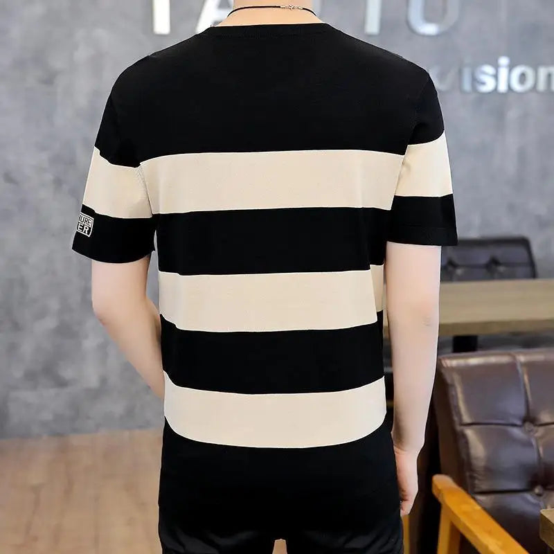 New Ultra-Thin Ice Silk Breathable Short Sleeve Summer Men Round Neck, Striped, Slim, Casual T-Shirt