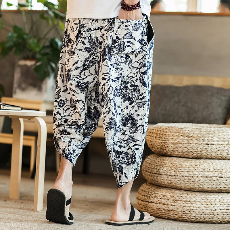 Summer Loose Calf Length Casual Pants for Men 
Wide Leg Cotton Linen Printing Baggy Pants