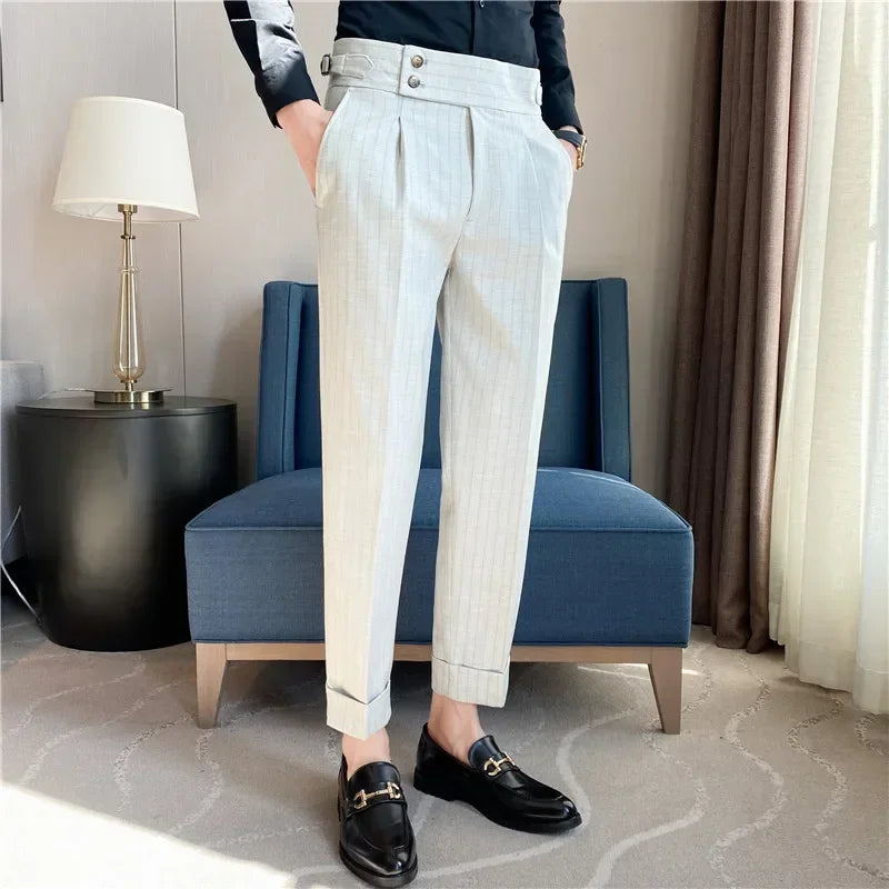 Men Dress Suit Pants, Striped Plaid British Style, High Waist Casual Belt Design 
Slim Trousers, Formal, Office, Social, Wedding, Party