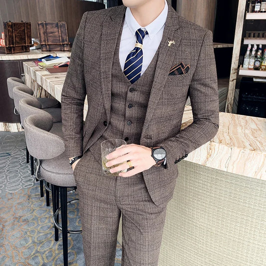 (Jacket+Vest+Pants) Lattice Formal Business Men Suit 3 Pcs Set 
Groom Wedding, Plaid Suit for Show Stage