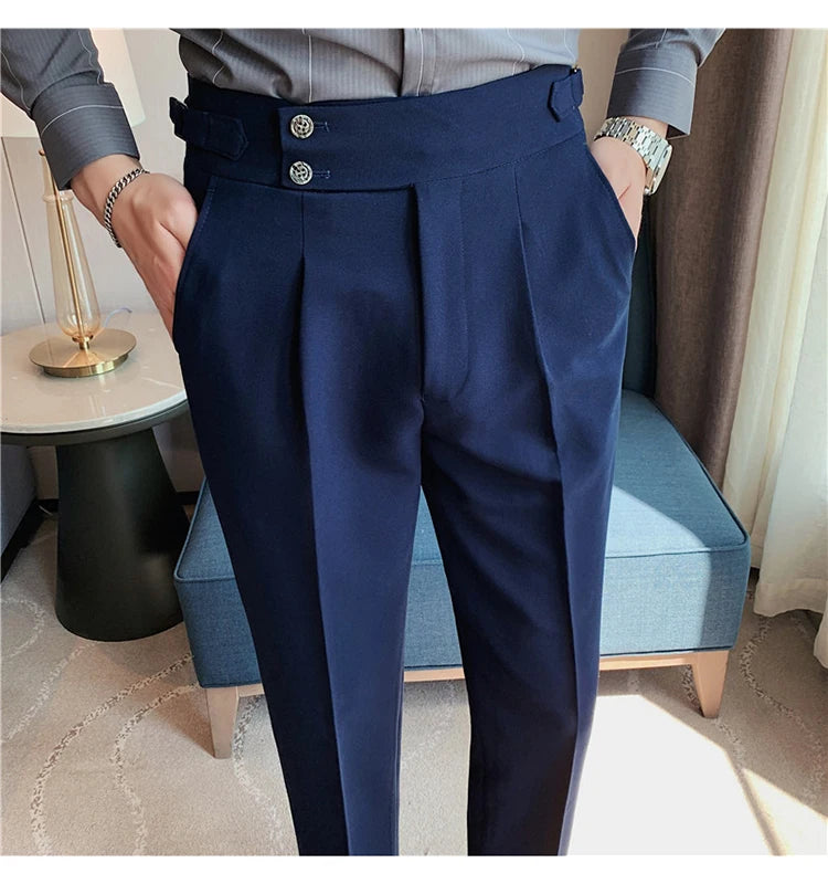 Men Dress Suit Pants, Striped Plaid British Style, High Waist Casual Belt Design 
Slim Trousers, Formal, Office, Social, Wedding, Party