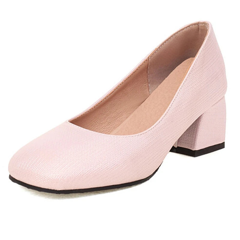 Women Pumps Square Toe Thick Heels Slip On