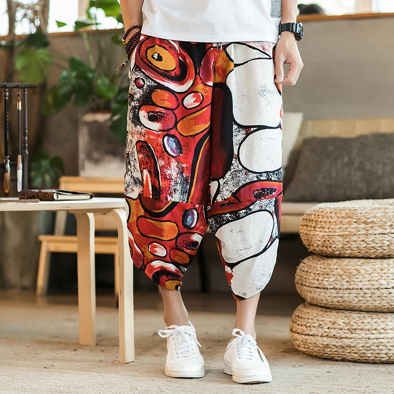 Summer Loose Calf Length Casual Pants for Men 
Wide Leg Cotton Linen Printing Baggy Pants