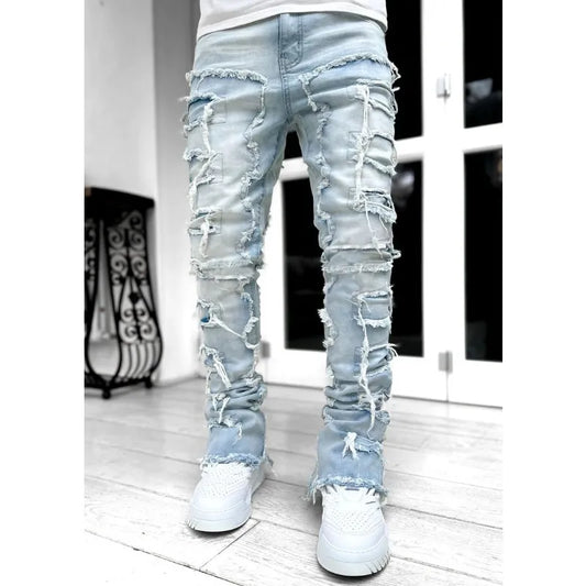 Raw Edge Elastic Patch Tight Fit Stacked Jeans