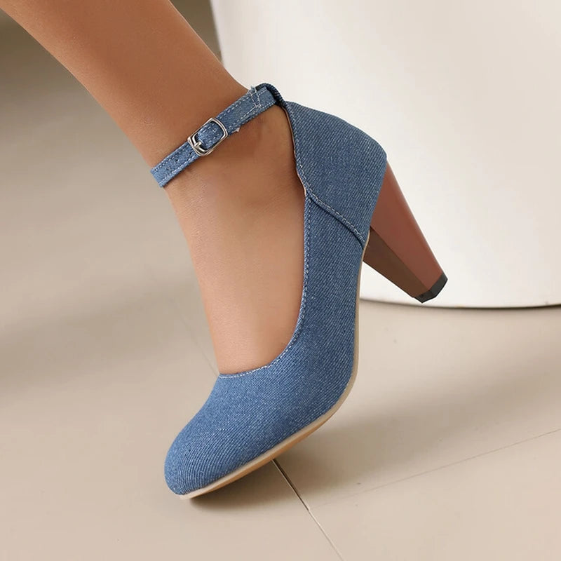 Women Pumps Pointed Toe, 7.5cm Spike Heel, Denim Fabric, Office Ankle Strap