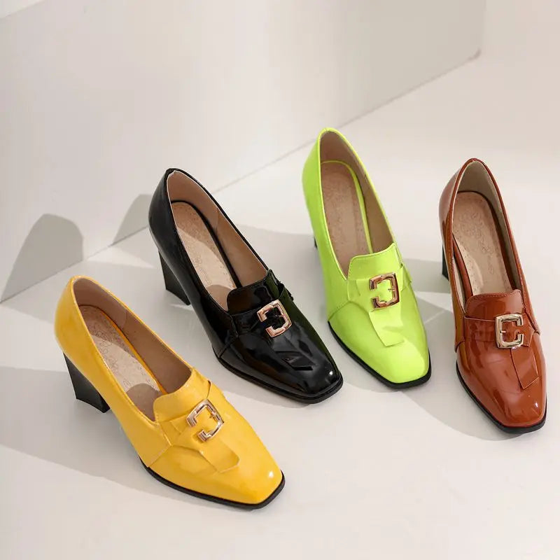 Women Pumps Square Toe, Block Heel
easy Slip-on with Shallow Metal Decoration