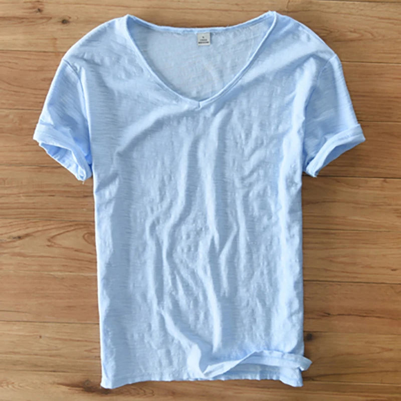 Summer T Shirt for Men, Linen Cotton Short Sleeve, V-neck, Breathable, Comfortable ,Slim