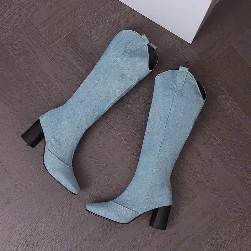 Denim Western style Knee High Boots with Square Toe, Block Heels 7cm, Zipper 
Cowboy Casual Female Booties