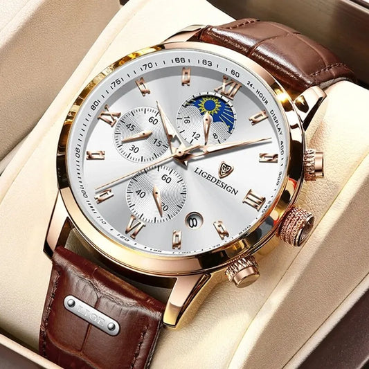 Casual Men Watch, Luxury, Leather, Waterproof 
Sport Quartz Wristwatch with Chronograph in Military style