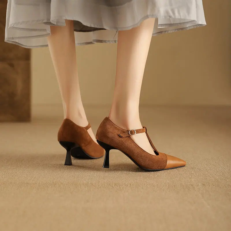 Women Pumps T-strap Thin High Heels 7.5cm, Pointed Toe Shoes