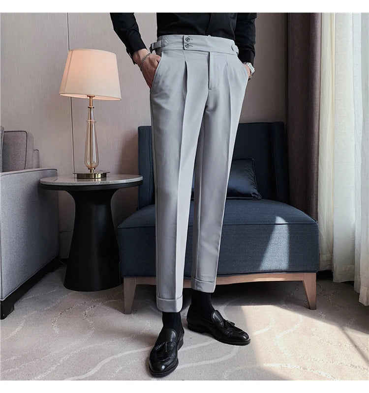 Men Dress Suit Pants, Striped Plaid British Style, High Waist Casual Belt Design 
Slim Trousers, Formal, Office, Social, Wedding, Party