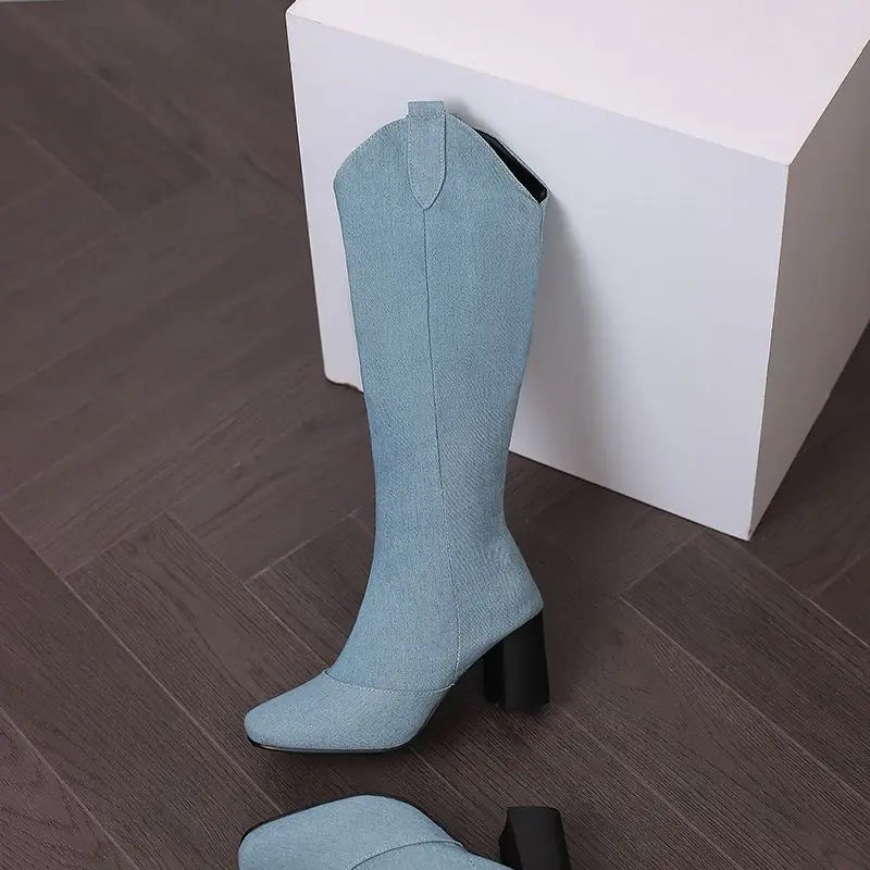 Denim Western style Knee High Boots with Square Toe, Block Heels 7cm, Zipper 
Cowboy Casual Female Booties