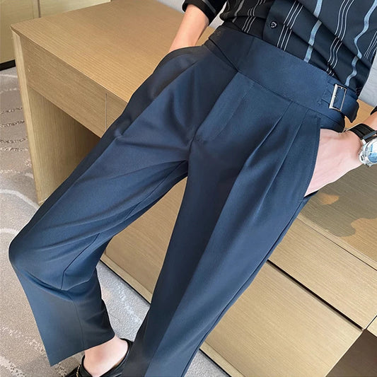 Men Dress Suit Pants, Striped Plaid British Style, High Waist Casual Belt Design 
Slim Trousers, Formal, Office, Social, Wedding, Party