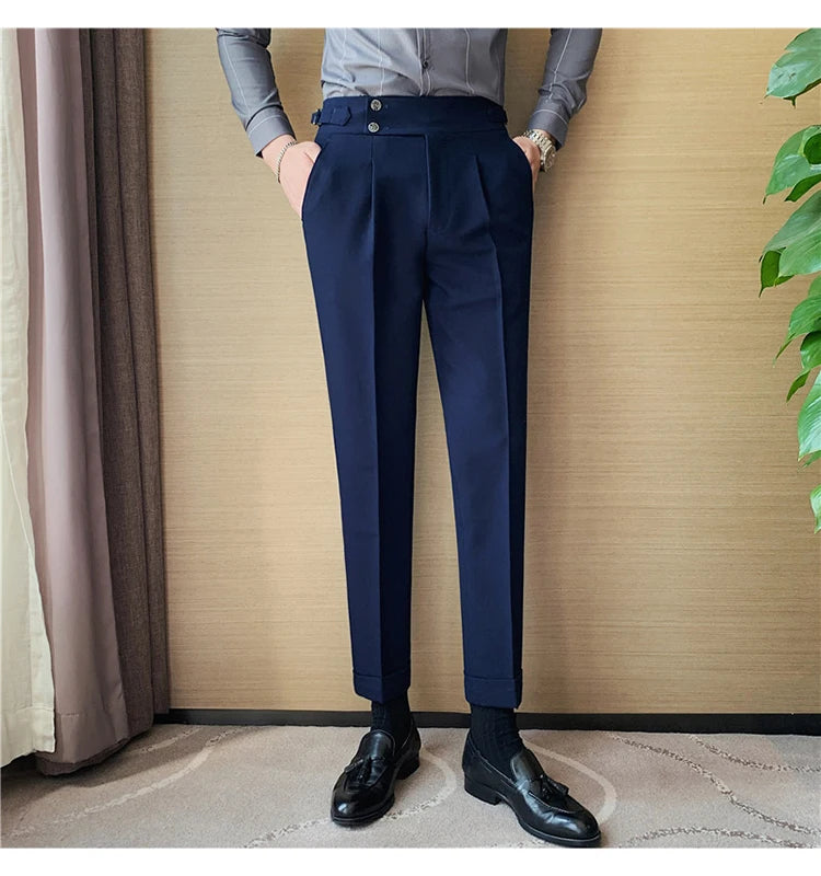 Men Dress Suit Pants, Striped Plaid British Style, High Waist Casual Belt Design 
Slim Trousers, Formal, Office, Social, Wedding, Party