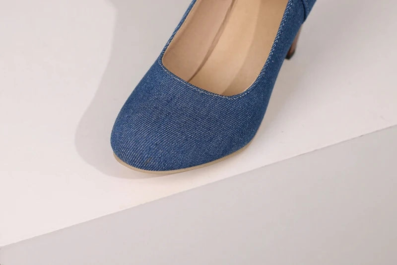 Women Pumps Pointed Toe, 7.5cm Spike Heel, Denim Fabric, Office Ankle Strap