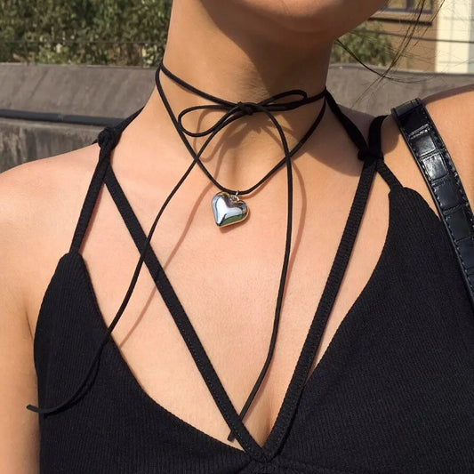 Black Velvet Big Heart Pendant Choker Necklace