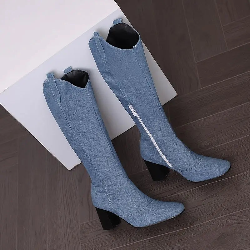 Denim Western style Knee High Boots with Square Toe, Block Heels 7cm, Zipper 
Cowboy Casual Female Booties