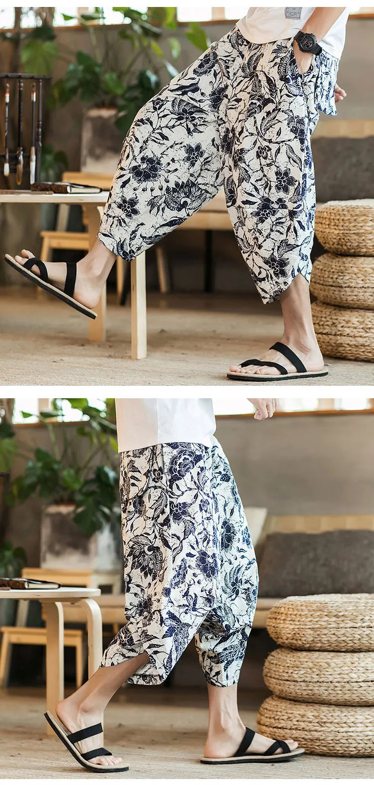 Summer Loose Calf Length Casual Pants for Men 
Wide Leg Cotton Linen Printing Baggy Pants