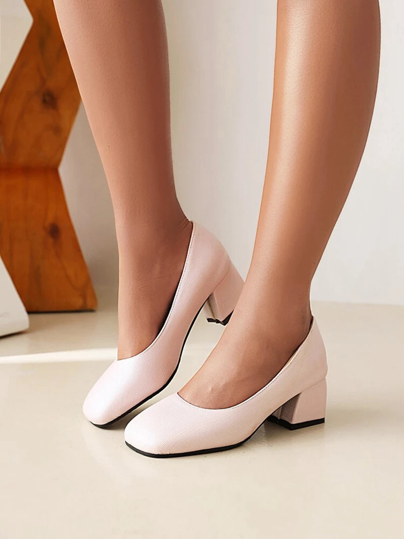 Women Pumps Square Toe Thick Heels Slip On