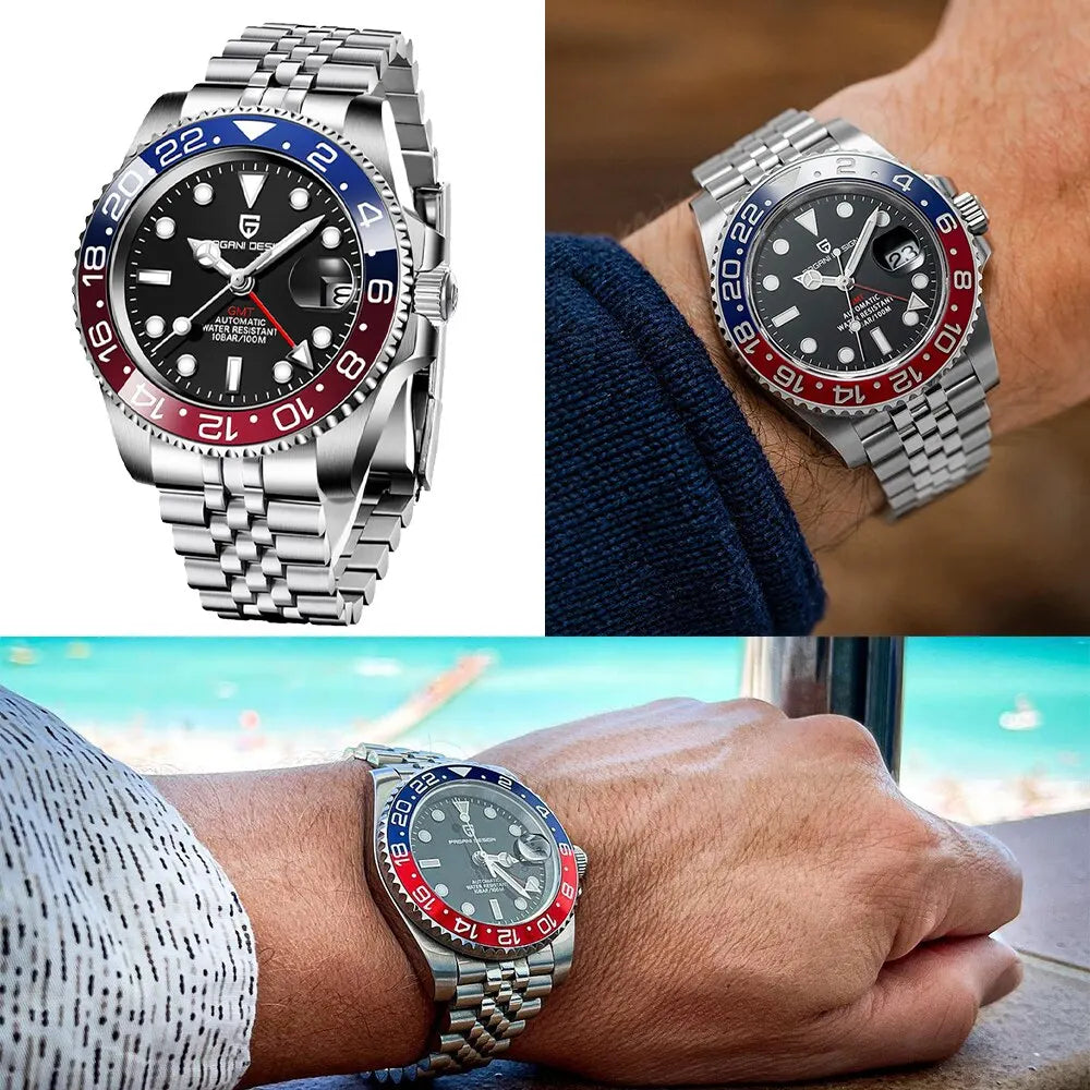 Luxury GMT Men Mechanical Wristwatch with Sapphire Glass, Stainless Steel, 100M Waterproof Automatic Watches