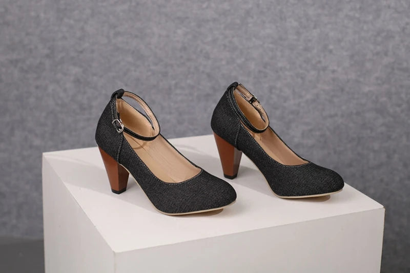 Women Pumps Pointed Toe, 7.5cm Spike Heel, Denim Fabric, Office Ankle Strap