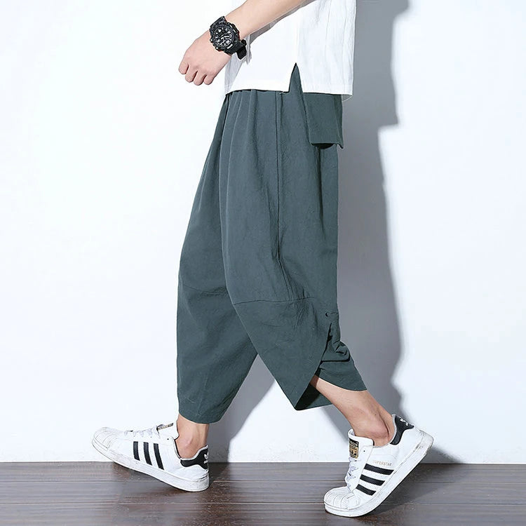 Summer Loose Calf Length Casual Pants for Men 
Wide Leg Cotton Linen Printing Baggy Pants